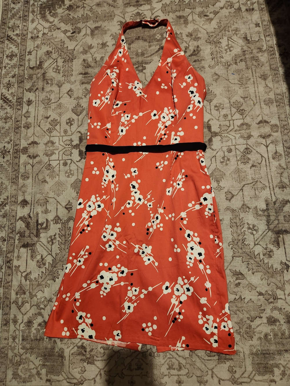 London Times Coral Halter Mini Dress with Black Waistband